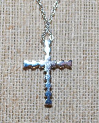 14 Clear Stones Cross PENDANT (1¼" x ¾") on a Silver Tone Necklace Chain 17" L