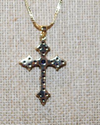 Deep Blue Stones Cross PENDANT (1½" x 1") on a Gold Tone Necklace Chain 18" L