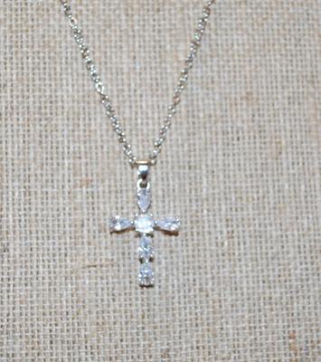 6 Pear Shaped Clear Stones Cross PENDANT (1" x ¾") on a Silver Tone Necklace Chain 17" L