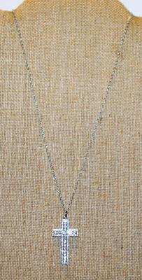 Straight Line Clear Stones Cross PENDANT (1½" x 1") on a Silver Tone Necklace Chain 18" L