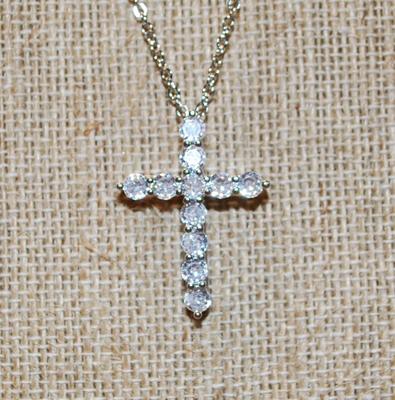 11 Clear ROUND Stones Cross PENDANT (1¼" x ¾") on a Silver Tone Necklace Chain 17" L