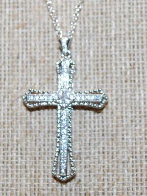 Single Center Stone Cross PENDANT (1½" x 1") with Lots of Clear Stone Accent Chips on a Silver Tone Adjustable Necklace Chain...