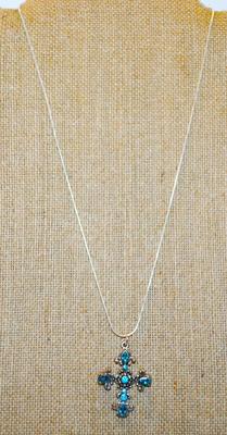 Fleur-de-Lis Blue Stones Cross PENDANT (1¾" X 1") on a .925 Silver Chain 18" L