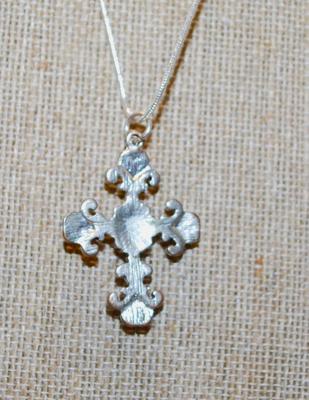 Fleur-de-Lis Blue Stones Cross PENDANT (1¾" X 1") on a .925 Silver Chain 18" L