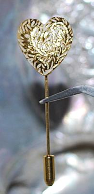 Gold Colored & WHITE HEART PIN (2¼" L) with Pin Guard on a Gold Tone Setting