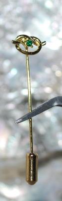 Tiny GREEN Stone PIN (2" L) in a Twisted Knot & Pin Guard on a Gold Tone Setting