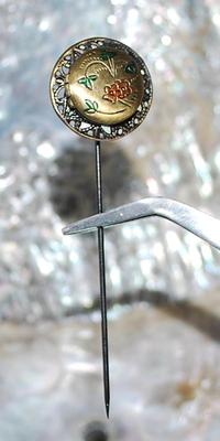 Round Flowered EMBLEM FLOWER PIN (2½" L) with Swirled Surround on a Brass-Style Tone Setting