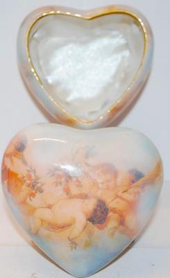 Cherub-Styled Figurines on a HEART Shaped Covered Jewelry Box with a Lined Pillow Interior 5" x 4 "