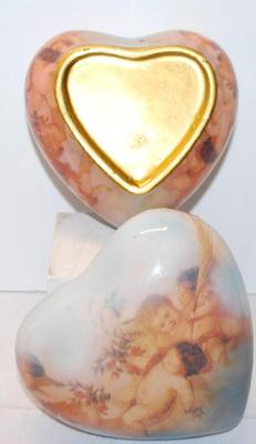 Cherub-Styled Figurines on a HEART Shaped Covered Jewelry Box with a Lined Pillow Interior 5" x 4 "