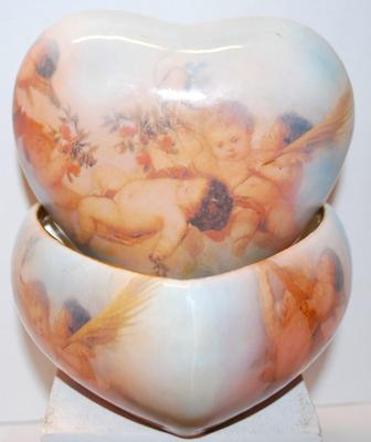 Cherub-Styled Figurines on a HEART Shaped Covered Jewelry Box with a Lined Pillow Interior 5" x 4 "