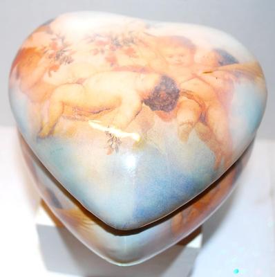 Cherub-Styled Figurines on a HEART Shaped Covered Jewelry Box with a Lined Pillow Interior 5" x 4 "