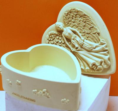 Marked "Angel Star ©2002" -- All White Angel "Heart Shaped" Jewelry "Wishing Box" Trinket Box with Embossed...