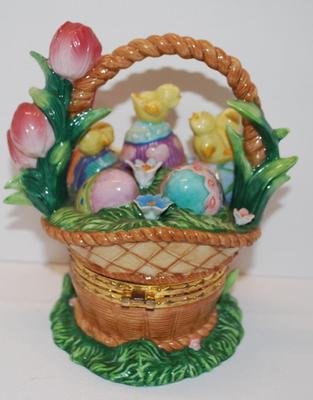Large EASTER Themed Jewelry Hinged Trinket Basket with Tulips, Baby Chicks, Colored Eggs and Flowers -- 6" H with a 4" Base