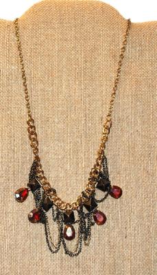 5 Faceted Pear Shaped Ruby Colored Stones with Chains Necklace 15" L