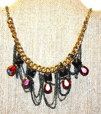 5 Faceted Pear Shaped Ruby Colored Stones with Chains Necklace 15" L