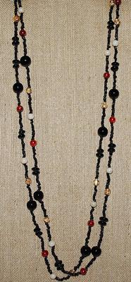 Double Strands Wrap-Around NECKLACE with Black, Amber, White & Beige Stones on a Continuous Black Beaded String 44" L