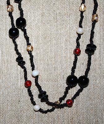 Double Strands Wrap-Around NECKLACE with Black, Amber, White & Beige Stones on a Continuous Black Beaded String 44" L