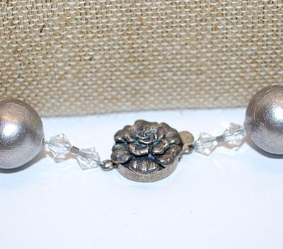 Silver Colored GLOBES NECKLACE with Clear Acrylic Accents & FLOWER LOCKET-STYLE CLASP 18" L