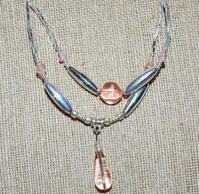 Light Pink Clear Beads NECKLACE with Acrylic Spacers & Oblong Accents and Barrel Screw Style Clasp 21" L