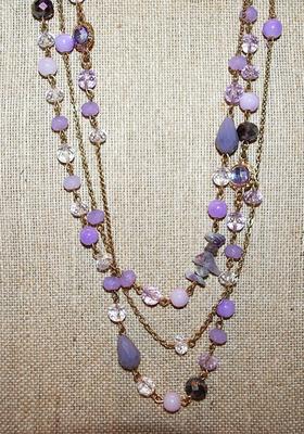 Multi-Strand Lavender Beaded NECKLACE with Beveled, Oblong, Round & Irregular Stones on a Dark Brass Style Chain and Lobster Clasp...