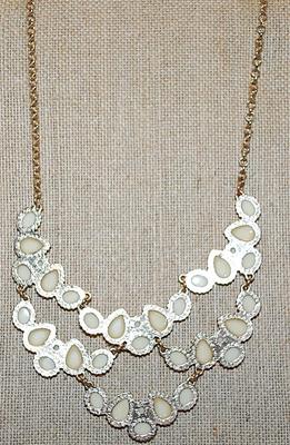 Beige TEARDROP STONES NECKLACE Outlined in Gold Colored Setting with a Lobster Clasp 18" L