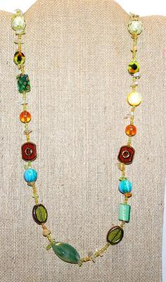 Assorted Acrylic Shapes & Colors NECKLACE with Large Bottom Green Stone and Lobster Clasp 30" L