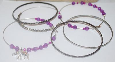 Collection of 6 BANGLE BRACELETS (2¾" Opening) with Lavender + Prism Beads & Elephant Charm Accents