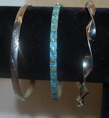 Collection of 3 BANGLE BRACELETS (2½" Opening) with 2 in Silver Tone and 1 Gold Colored Accents and Aquamarine Base