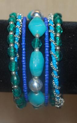 Blue & Green WRAP-AROUND 8 Strand BRACELET (2¼" Opening) with Small, Medium and Large Beads