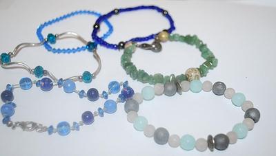 Collection of 6 Elastic BRACELETS (2½" to 3¾" Opening) in Blues, Greens and Silver Tone Curves