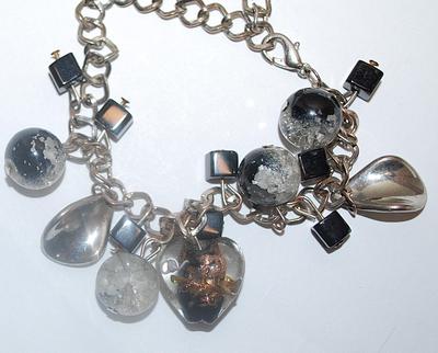 Crackled Globes, "Silver Spoons" and Sparkly Rust Heart BRACELET (3" Opening) with Black Cube Accents on Looped Chain and...