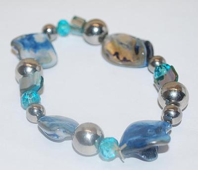 Blue & White Mother-of-Pearl Style Stones Elastic BRACELET (3"+ Opening) with Silver Tone Globe Accents
