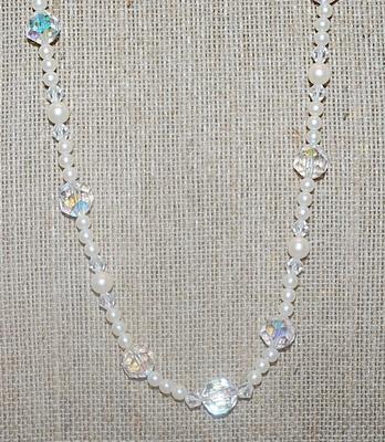 Loaded Faux Pearls NECKLACE with Clear Prism Spacers and a Circle Clasp 26" L
