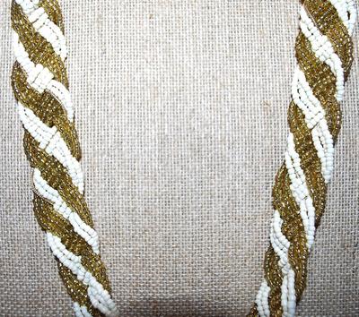 Vintage Heavily Gold & White Beaded and Intertwined NECKLACE - Marked "1946" with Bejeweled Caps and Rope Style Upper &...