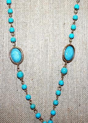 Crackled Blue JADE Style WRAP-AROUND NECKLACE with 3 SWIVEL OVALS Gold Colored DANGLE and Globe Accents on a Gold Chain and Lobster Clasp...