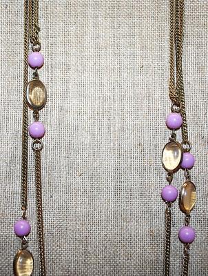 Extra Long WRAP-AROUND NECKLACE with LAVENDER Beads & Clear Oval Accents on a Gold Tone Chain and Snap Release Clasp 54" L