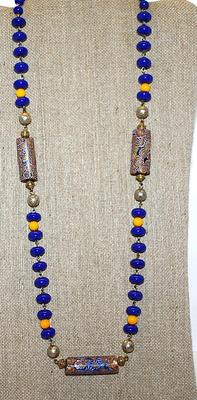 Blue & Yellow Beaded NECKLACE with 3 Large Multi-Color Flower-Designed Cylinders & Gold Colored Globe Accents 28" L