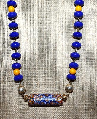 Blue & Yellow Beaded NECKLACE with 3 Large Multi-Color Flower-Designed Cylinders & Gold Colored Globe Accents 28" L