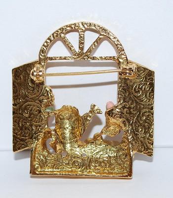 Beautiful "WINDOW SCENE" BROOCH (1¾" x 1¾") with Pink Ceramic Roses, Gold Colored Watering Can & Flowers with...