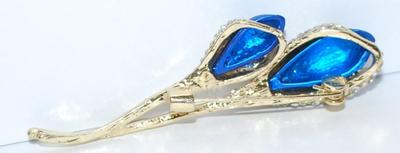 BLUE Bejeweled TULIPS BROOCH (2½" x 1") on a Gold Tone Setting