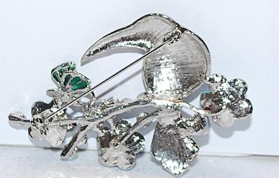 Beautiful Multi-Color RUST HEADED BIRD BROOCH (2½" x 1¾") with 3 Hearts, 3 Blue Flowers & Green Butterfly Accents on a...