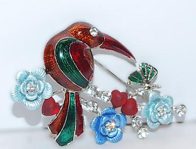 Beautiful Multi-Color RUST HEADED BIRD BROOCH (2½" x 1¾") with 3 Hearts, 3 Blue Flowers & Green Butterfly Accents on a...