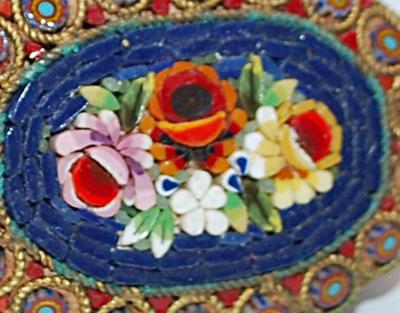 Beautiful Vintage "Made in Italy" BROOCH (1¾" x 1¼") with Border Blue Accent Circles & Flower Bouquet Center Made...