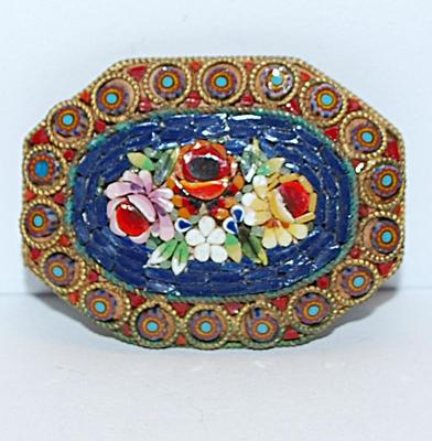 Beautiful Vintage "Made in Italy" BROOCH (1¾" x 1¼") with Border Blue Accent Circles & Flower Bouquet Center Made...