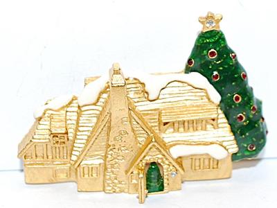 Beautiful Brushed Gold Color Christmas House BROOCH (2" x 1½") with Large Outside Decorated Tree and Small Inside Tree on a...