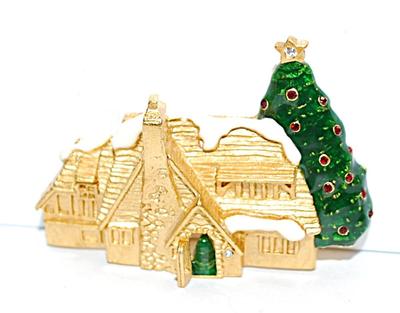Beautiful Brushed Gold Color Christmas House BROOCH (2" x 1½") with Large Outside Decorated Tree and Small Inside Tree on a...