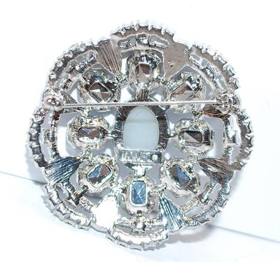 Beautiful Bejeweled "MONET" Blue & Gray BROOCH (2" Diam.) with Beveled and Teardrop Stones on a Silver Tone Setting