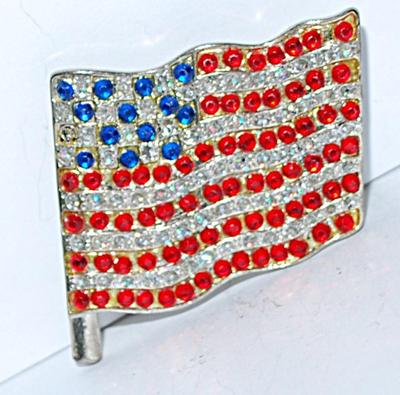 Large USA FLAG BROOCH (1½" x 1½") with Short Pole on a Silver Tone Setting