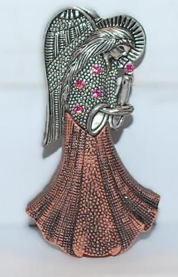 Beautiful "Angel & Candle" BROOCH (2¾" x 1½") with Metal Top & Polymer Bottom and Pink Accent Stones on a...