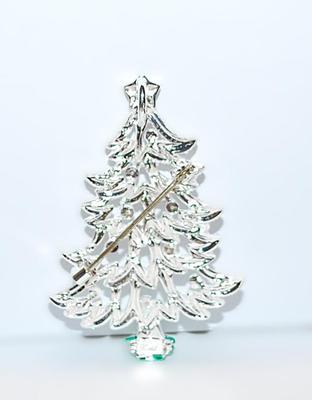 WHITE Glittery CHRISTMAS TREE BROOCH (2" x 1½") with Red & Green Ornament Accents and Silver Tone Setting